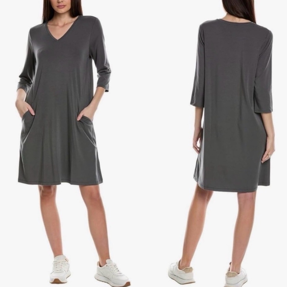 Eileen Fisher Tencel Gray V-Neck 3/4 Sleeve Casual Dress XS Minimalist Fall